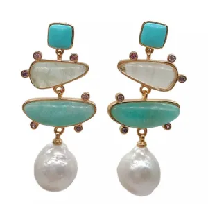 Lovely Turquoise, Prehnite Pearl & Amazonite Gemstone Gold Statement Earrings 1.8”