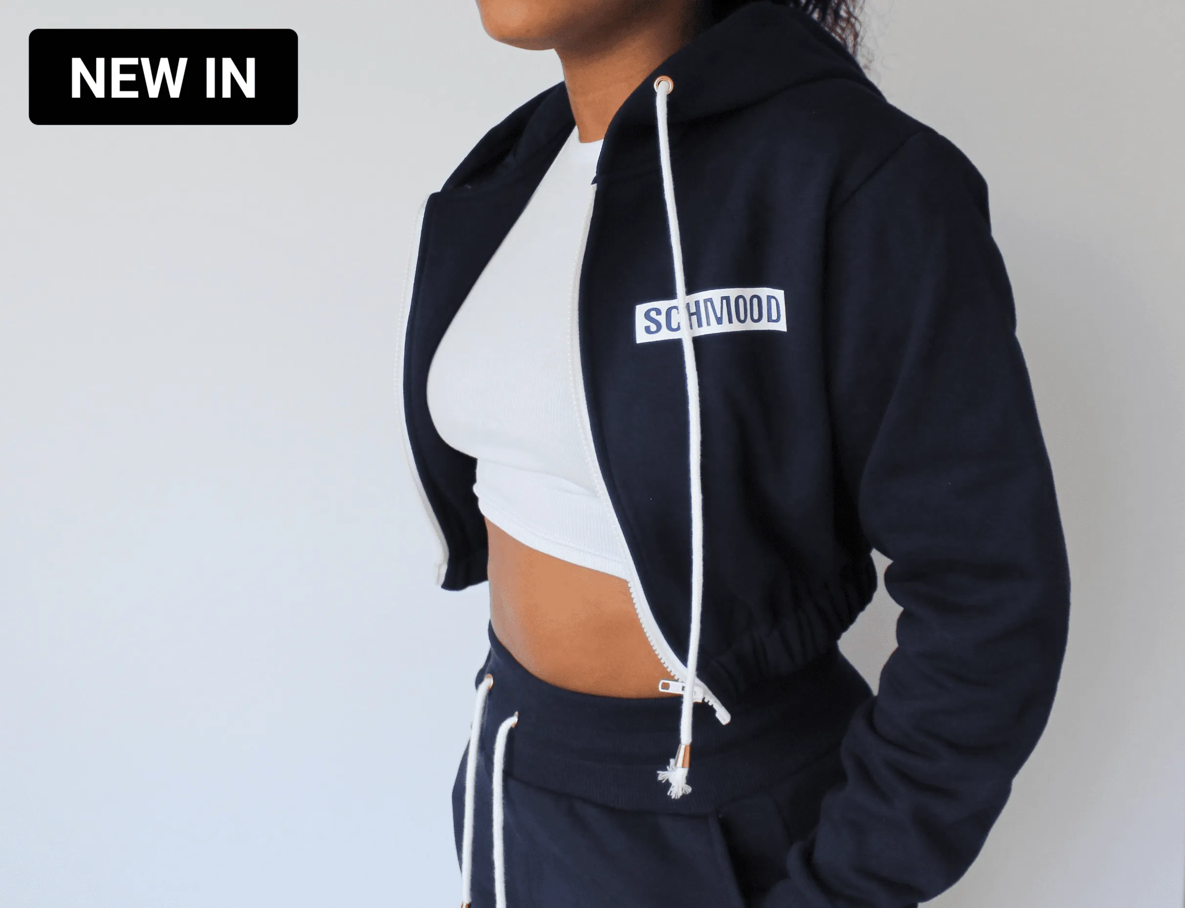 Low-key Cropped Hoodie - Navy Blue/White
