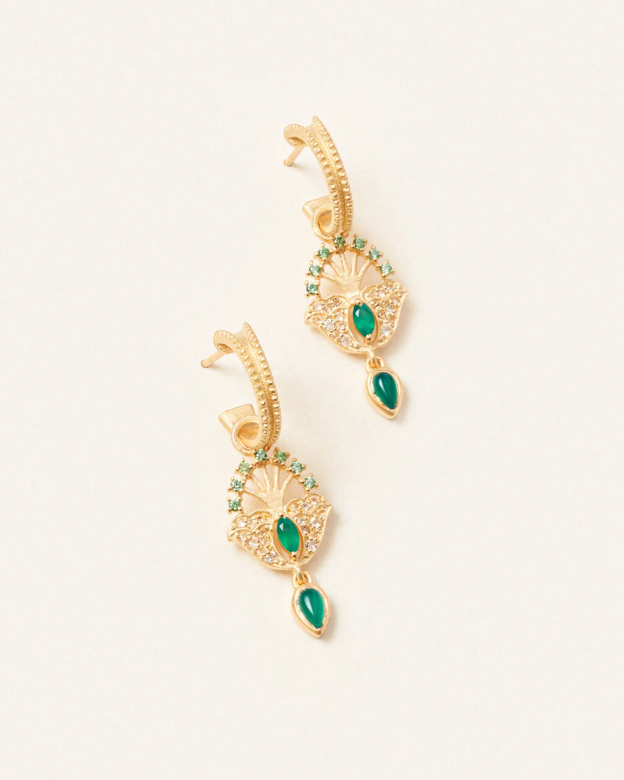 Lucky peacock hoops with green onyx - gold vermeil