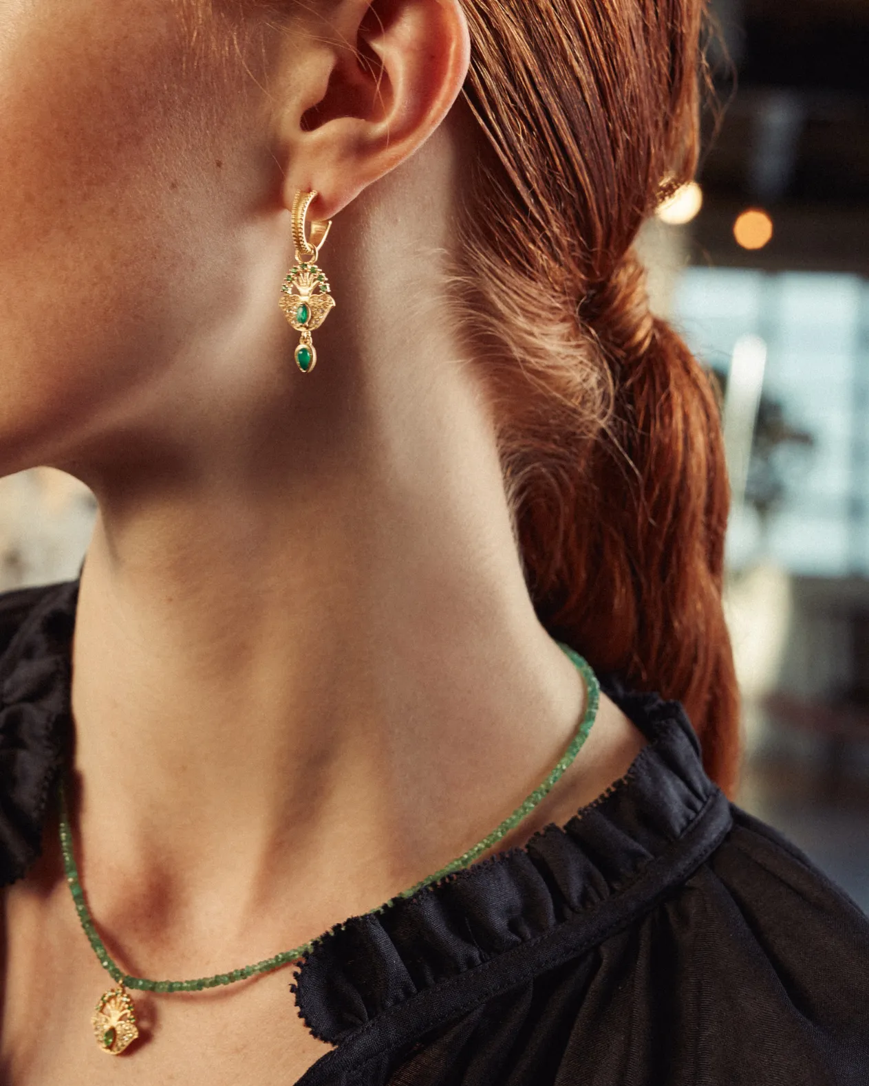Lucky peacock hoops with green onyx - gold vermeil