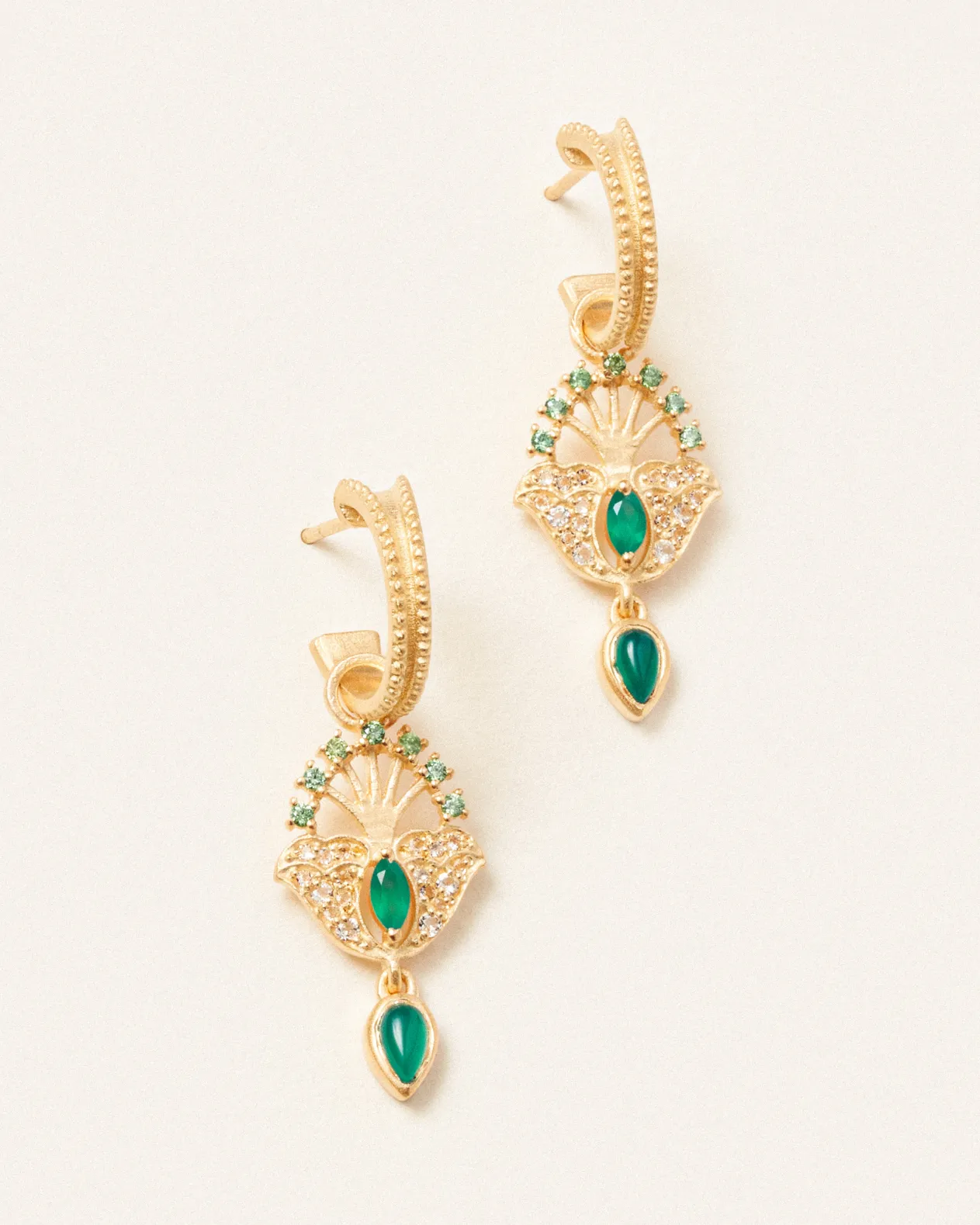 Lucky peacock hoops with green onyx - gold vermeil
