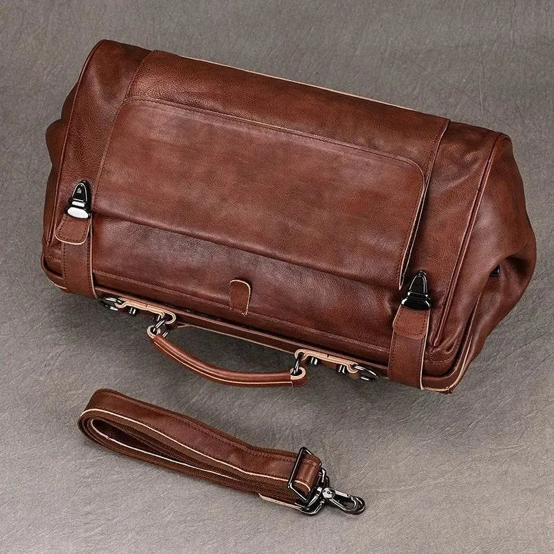 Luxury Leather Carry On Luggage Bag Real Cowskin Travel Duffle