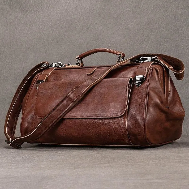 Luxury Leather Carry On Luggage Bag Real Cowskin Travel Duffle
