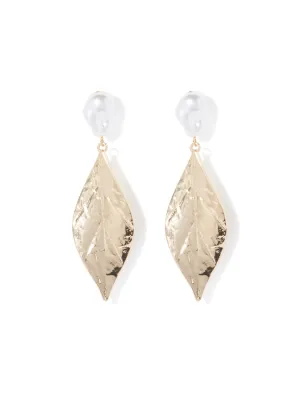 Macy Single Leaf & Pearl Drop Earrings
