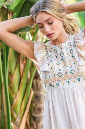 Maria Embroidered Mini Dress in Taupe