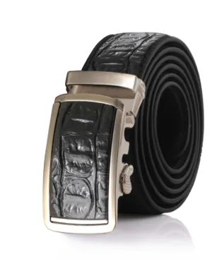 Mens Crocodile Black Adjustable Ratchet Slide Buckle Belt - Genuine Leather Automatic Belt with No