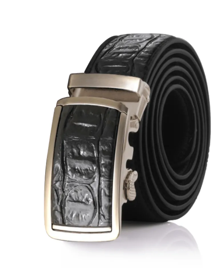 Mens Crocodile Black Adjustable Ratchet Slide Buckle Belt - Genuine Leather Automatic Belt with No