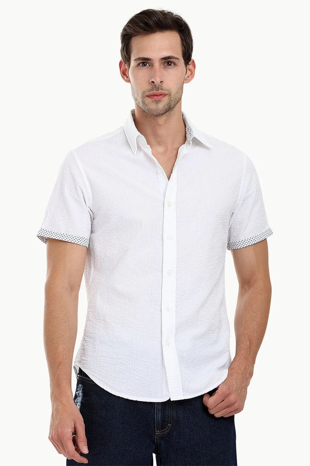 Men's White Casual Seersucker Shirt