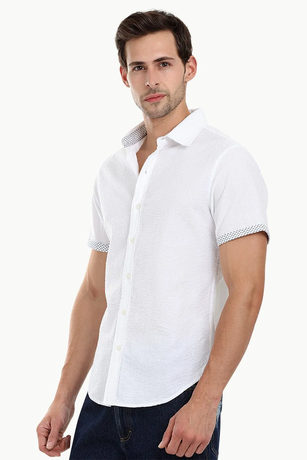 Men's White Casual Seersucker Shirt