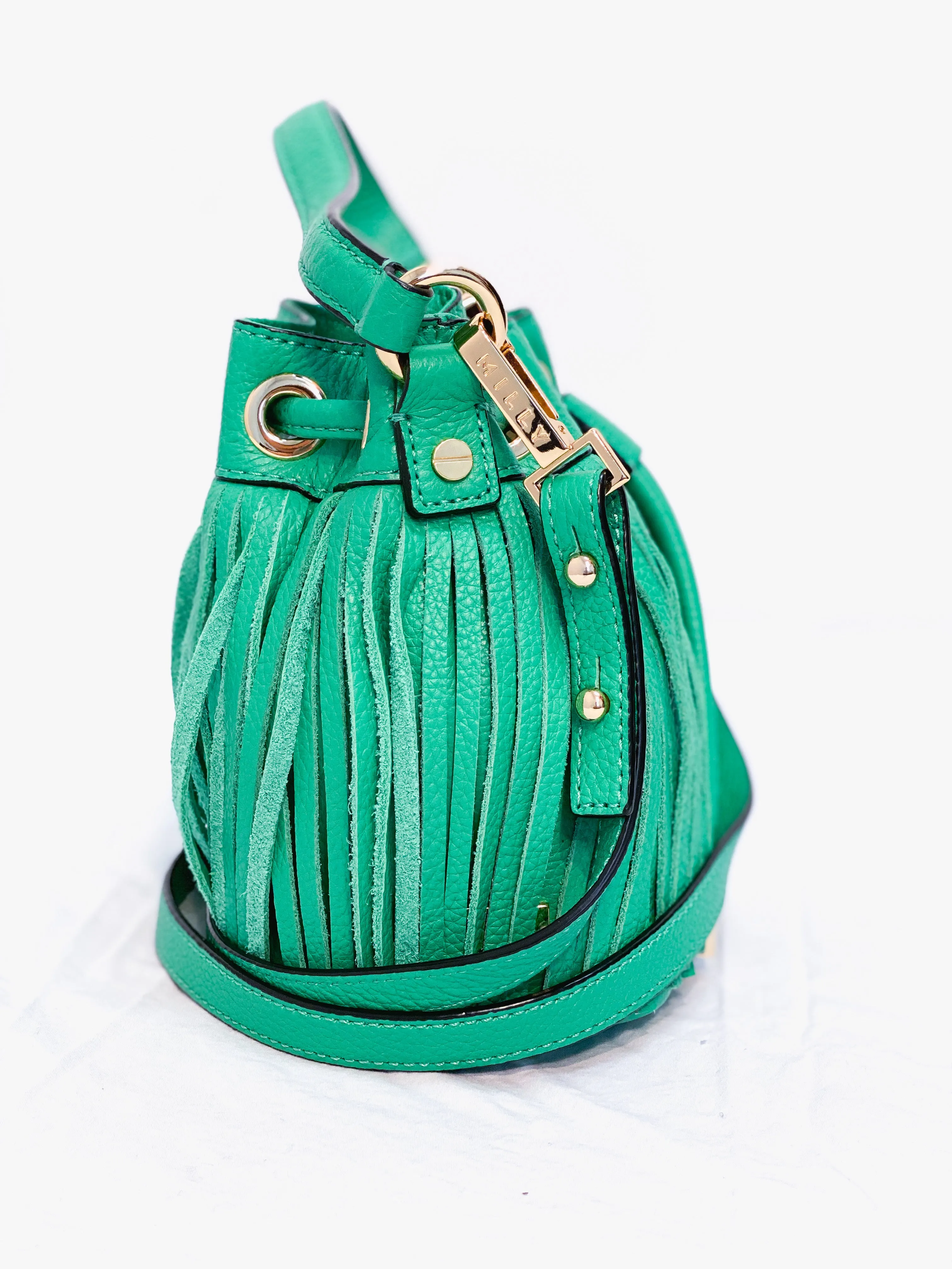 MILLY Green Leather Fring Cross Body Bucket Bag
