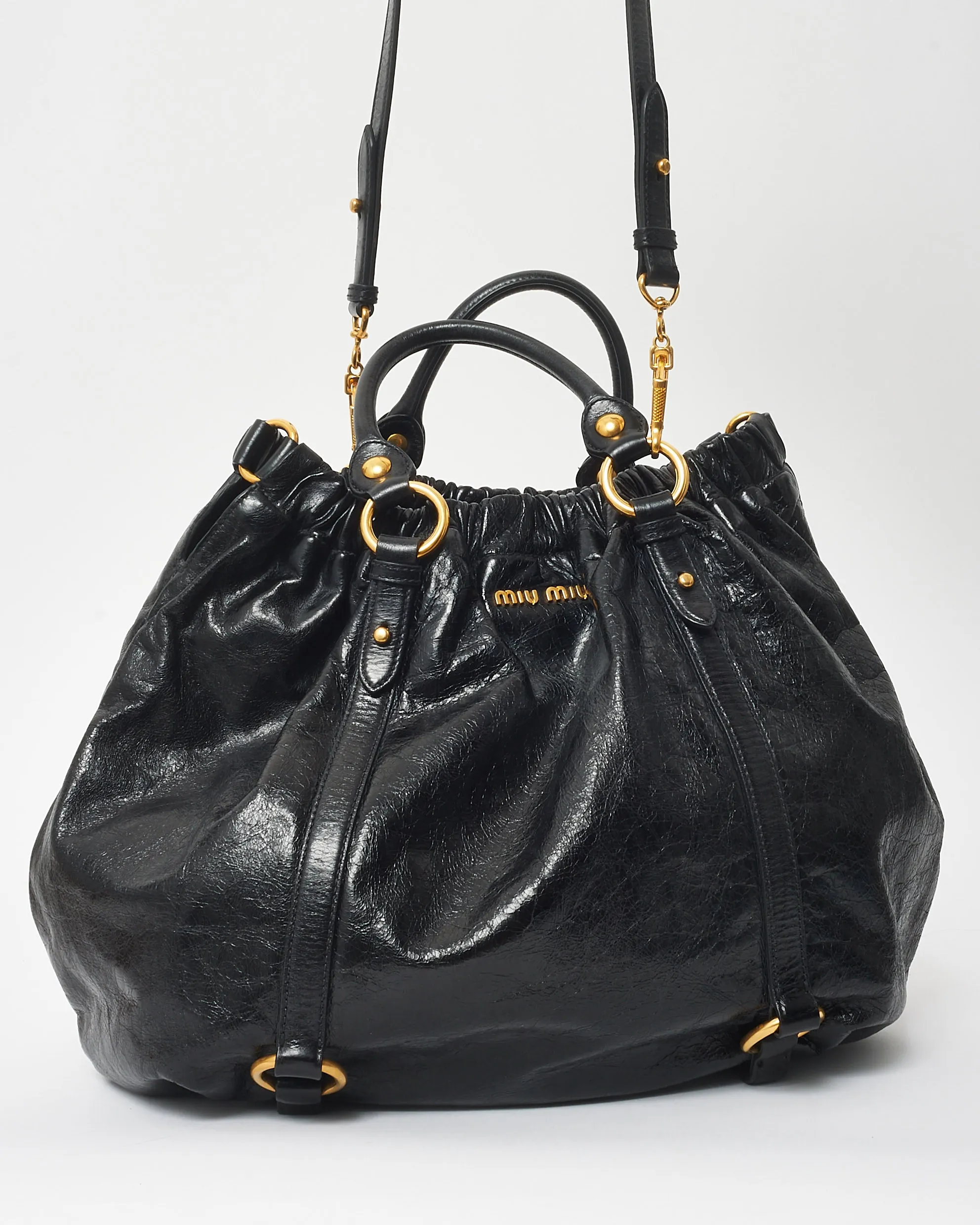 Miu Miu Vintage Black Vitello Leather Rushed Slouch 2Way Bag