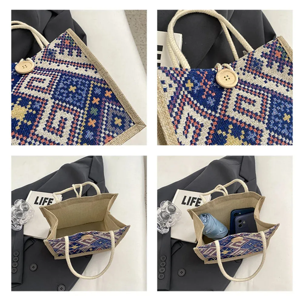 New Linen Bag Women Ethnic Patterns Handbag Eco-Friendly Grocery Bag Gift Bag With Handle Portable Casual