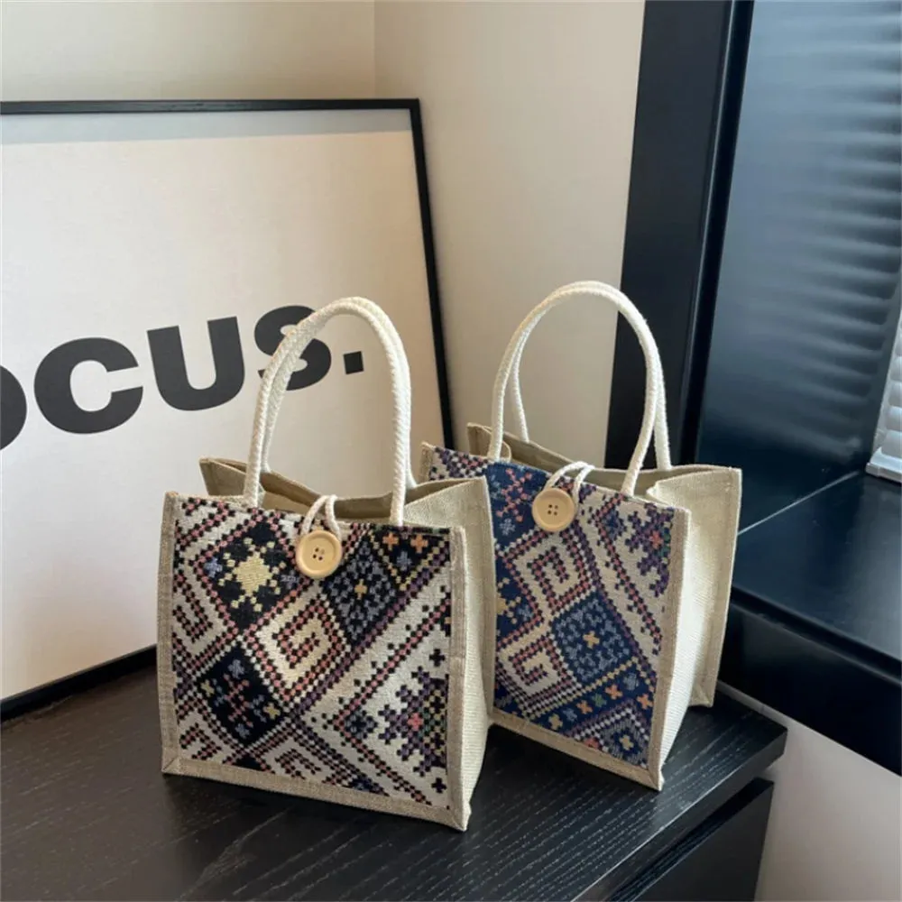 New Linen Bag Women Ethnic Patterns Handbag Eco-Friendly Grocery Bag Gift Bag With Handle Portable Casual