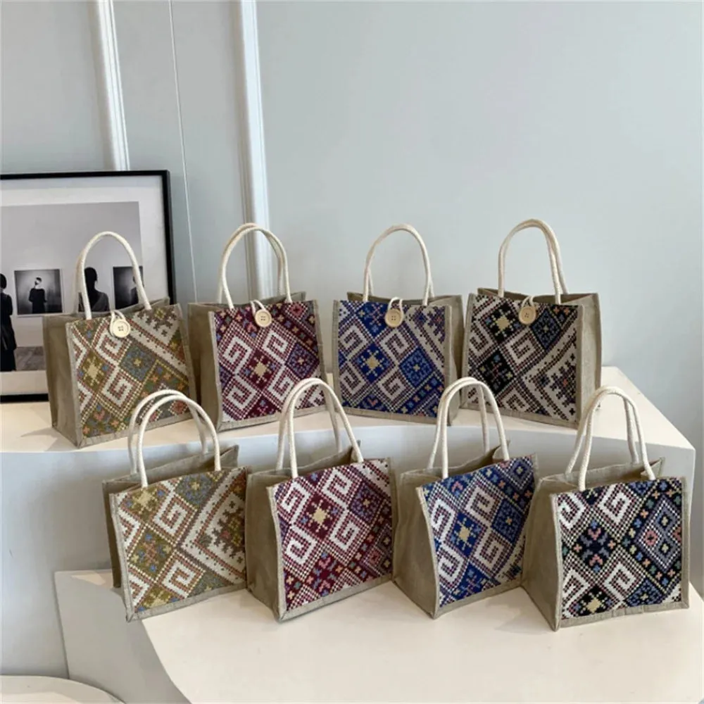 New Linen Bag Women Ethnic Patterns Handbag Eco-Friendly Grocery Bag Gift Bag With Handle Portable Casual