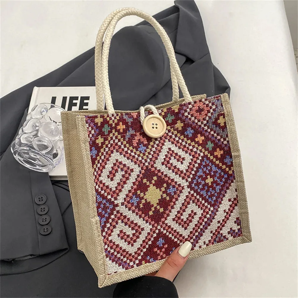 New Linen Bag Women Ethnic Patterns Handbag Eco-Friendly Grocery Bag Gift Bag With Handle Portable Casual