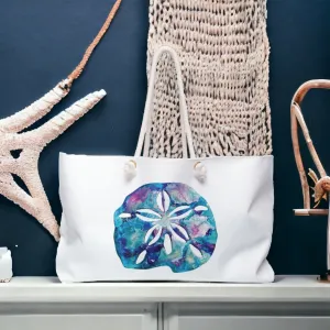 Original Art Blue and Pink Sand Dollar Weekender Bag White Background