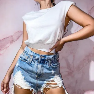 Paper Bag Waist Distressed Hem Short