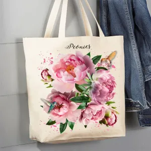 Peony Flower with Hummingbirds Canvas Tote Bag