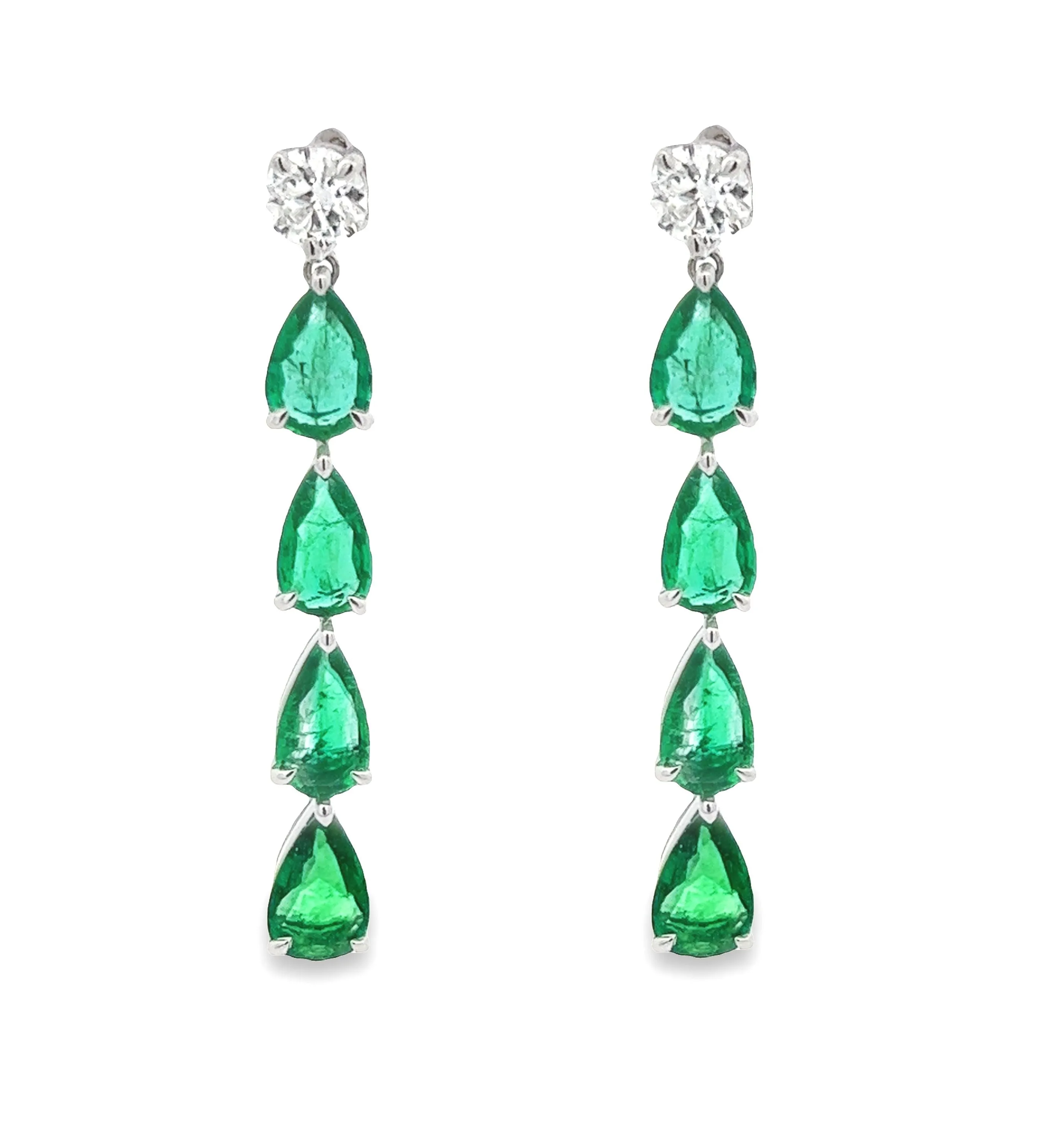 Platinum Diamond and Emerald Drop Earrings