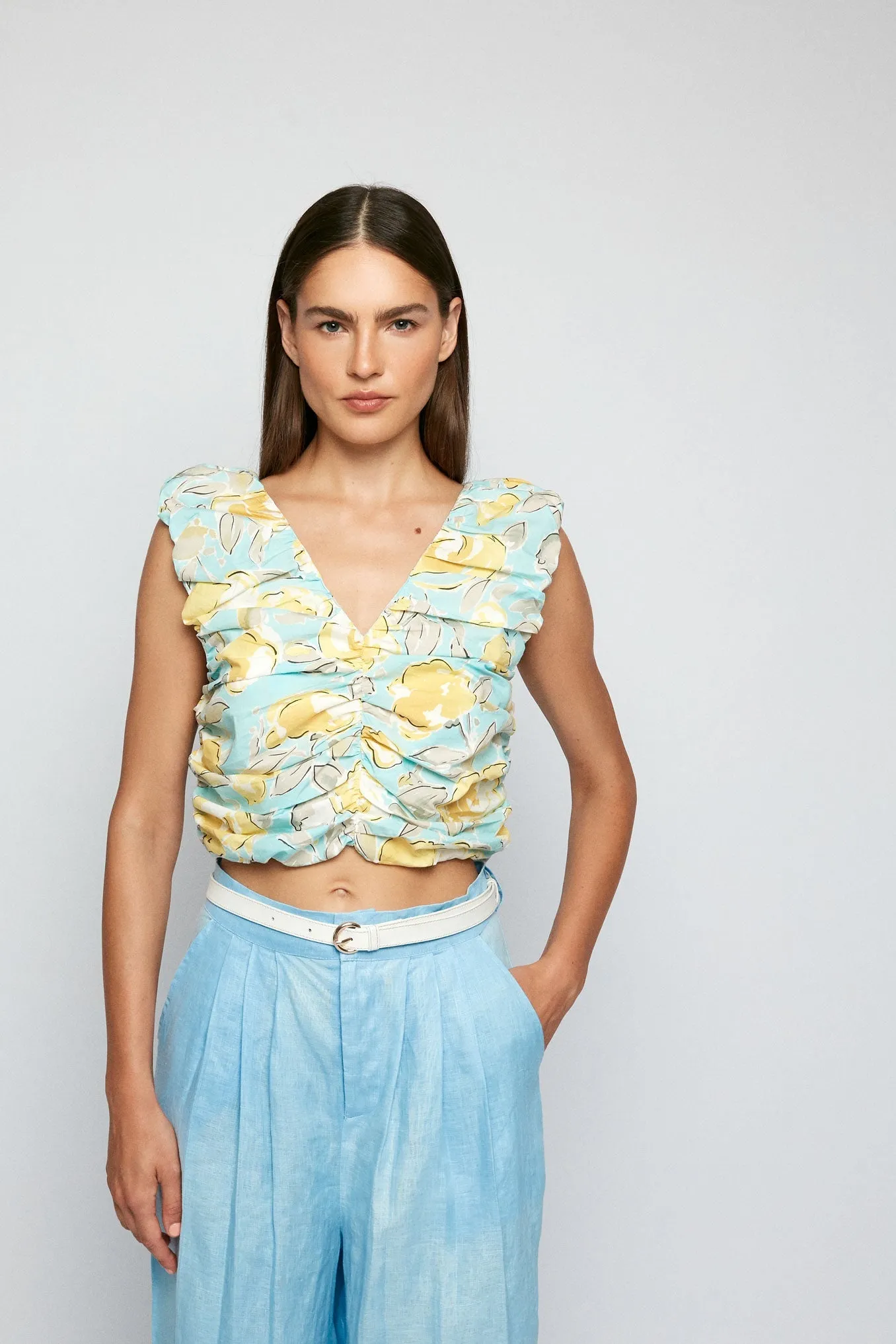 Pleated V Crop | Wide Button Up Pant