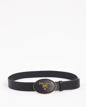 Prada Black Leather with Oval Savoia Logo Buckle Belt 38/95
