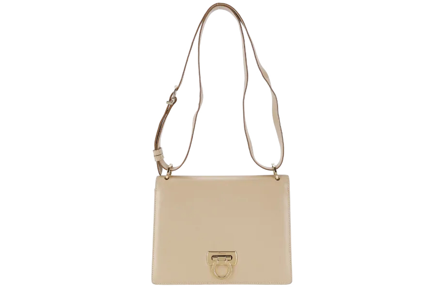 SALVATORE FERRAGAMO GANCINI SHOULDER BAG BEIGE LEATHER GOLD HARDWARE WITH DUST COVER