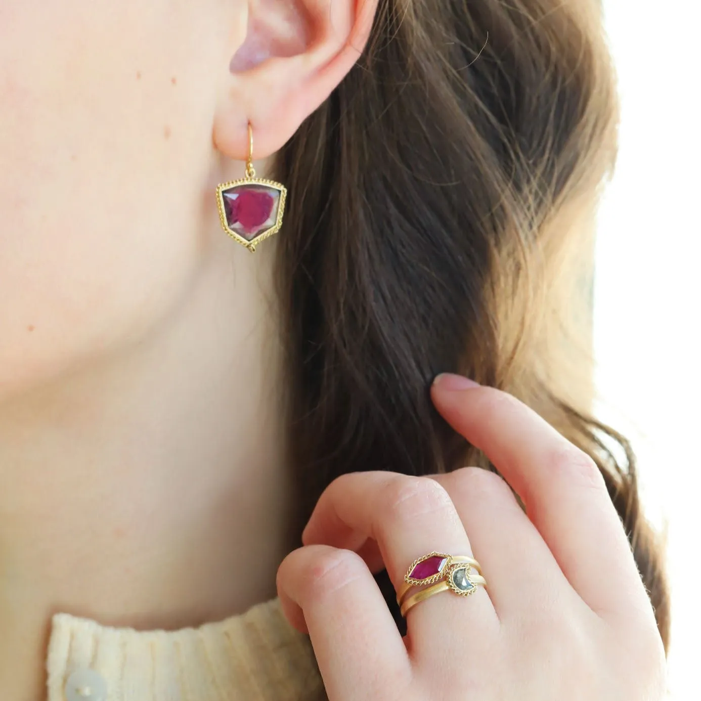 Shield-Shaped Watermelon Tourmaline Drop Earrings