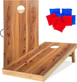 Solid Wood Regulation Size Cornhole Set Portable Bean Bags Toss Game with Durable Wood Grain Printed Surface and underneath for Indoor and Outdoor