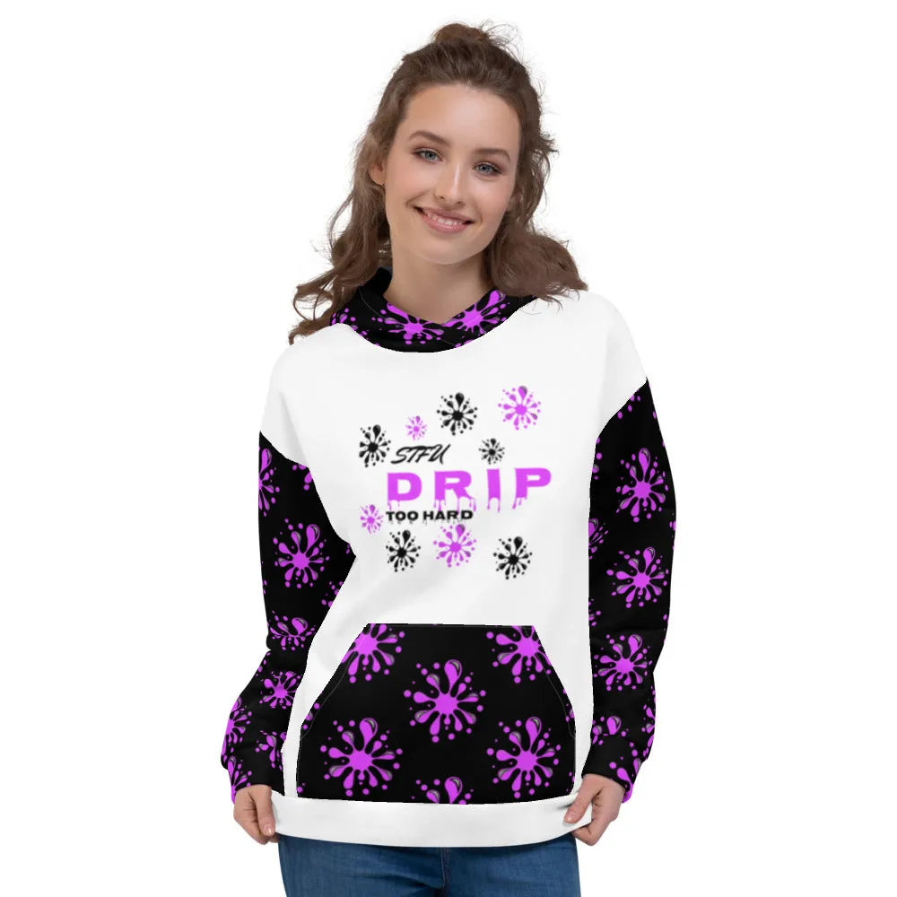 STFU Drip Too Hard Hoodie - Purple & Black on White