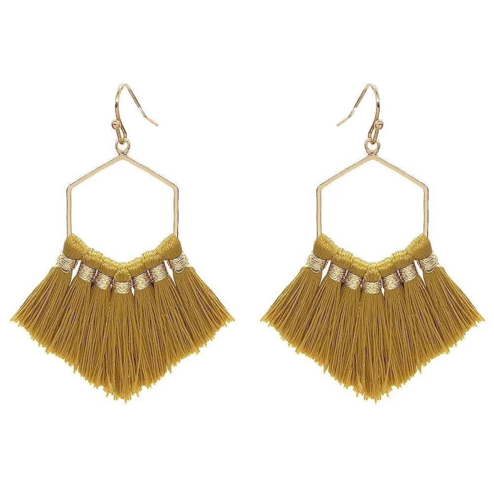Tassel Hexagon Earrings - Mustard