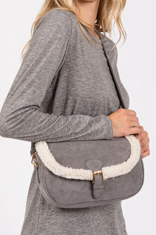 The Aspen Sherpa Trimmed Gray Crossbody
