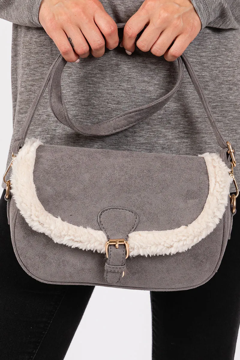 The Aspen Sherpa Trimmed Gray Crossbody