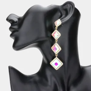 Variegated AB Diamond Shape Stone Drop Pageant Earrings on Gold| Evening Earrings | 610692