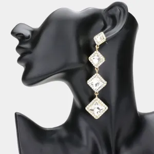 Variegated Clear Diamond Shape Stone Drop Pageant Earrings on Gold| Evening Earrings | 610693