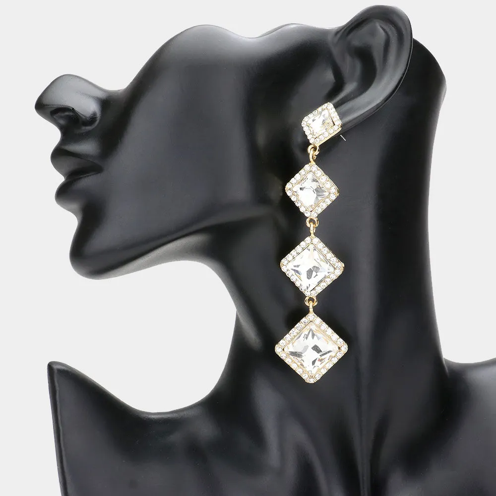 Variegated Clear Diamond Shape Stone Drop Pageant Earrings on Gold| Evening Earrings | 610693