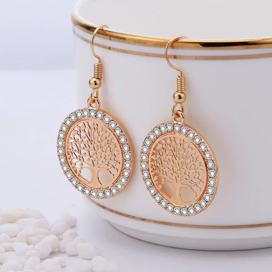 Vintage 14 K Gold Crystal Drop Earrings Hollow Tree of Life Round Earring Jewelry