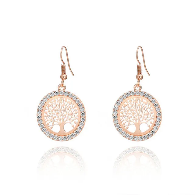 Vintage 14 K Gold Crystal Drop Earrings Hollow Tree of Life Round Earring Jewelry
