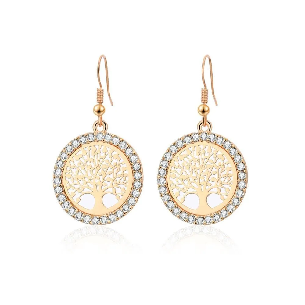 Vintage 14 K Gold Crystal Drop Earrings Hollow Tree of Life Round Earring Jewelry
