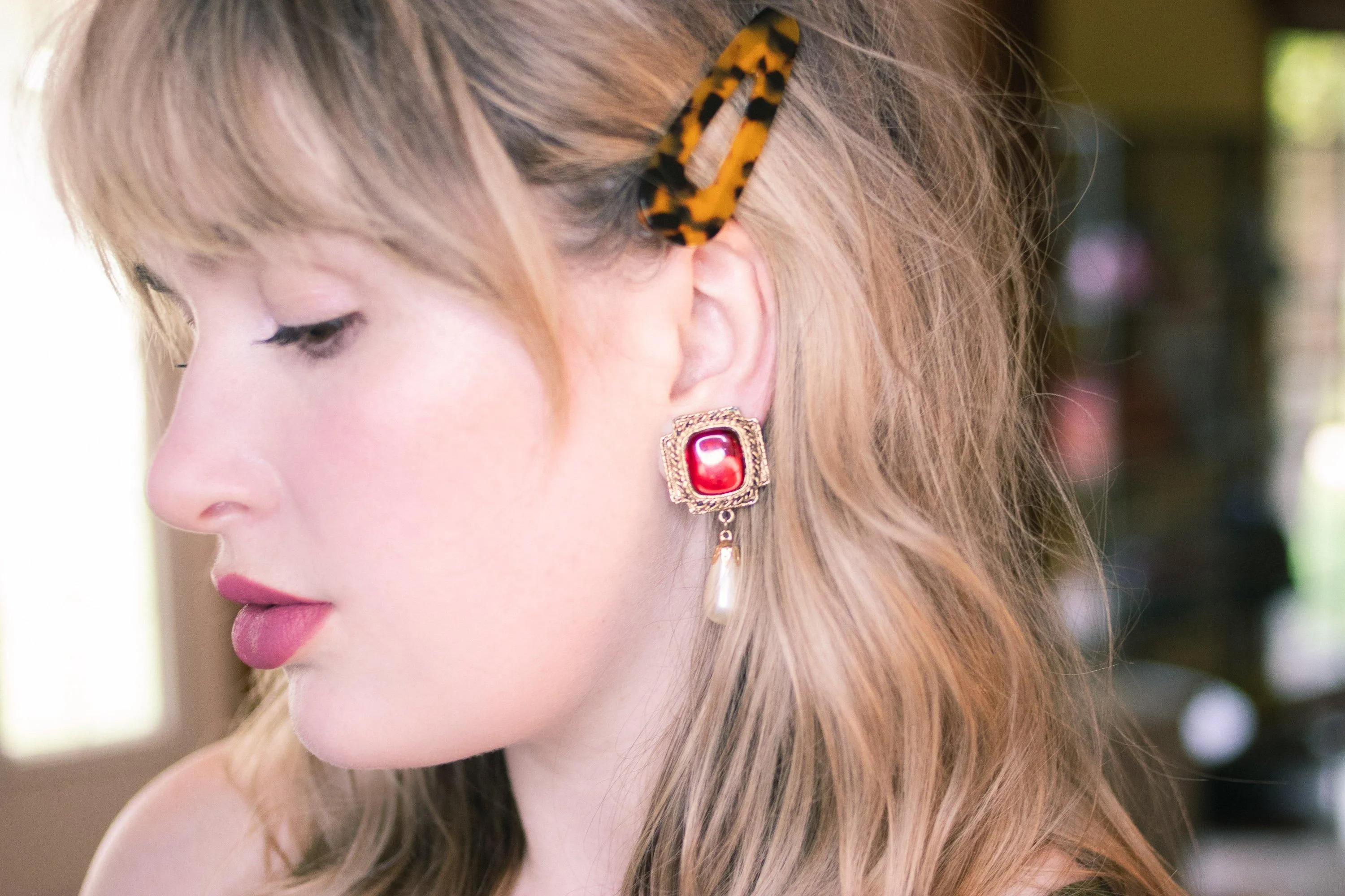 Vintage 1980s Etruscan Revival Ruby Earrings with Pearl Drop
