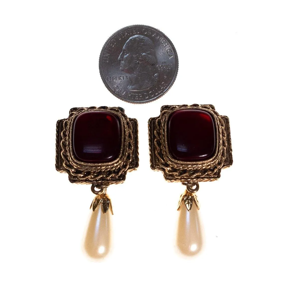 Vintage 1980s Etruscan Revival Ruby Earrings with Pearl Drop