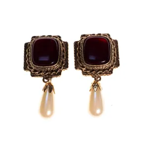 Vintage 1980s Etruscan Revival Ruby Earrings with Pearl Drop