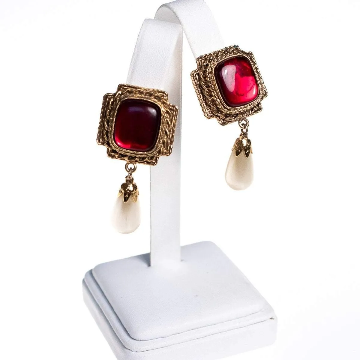 Vintage 1980s Etruscan Revival Ruby Earrings with Pearl Drop