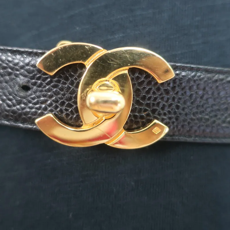 Vintage Chanel CC Turn Lock Belt Black Caviar Leather Size 75 US 30