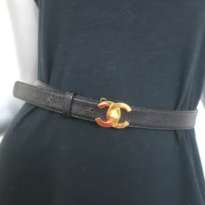 Vintage Chanel CC Turn Lock Belt Black Caviar Leather Size 75 US 30