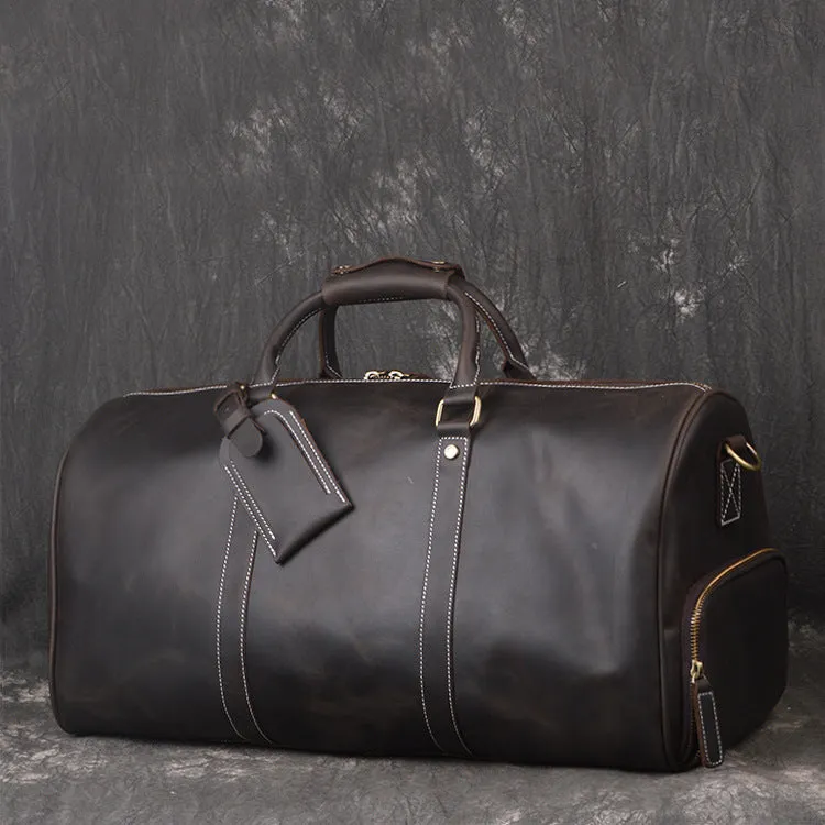 Vintage Crazy Horse Leather Duffle Bag with Shoes Compartment, Travel Bag, Weekend Bag