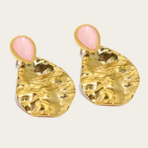 Vintage Gold Plated Exquisite Pink Natural Stone Drop Earrings