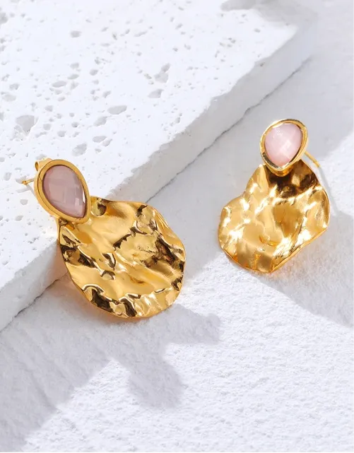 Vintage Gold Plated Exquisite Pink Natural Stone Drop Earrings