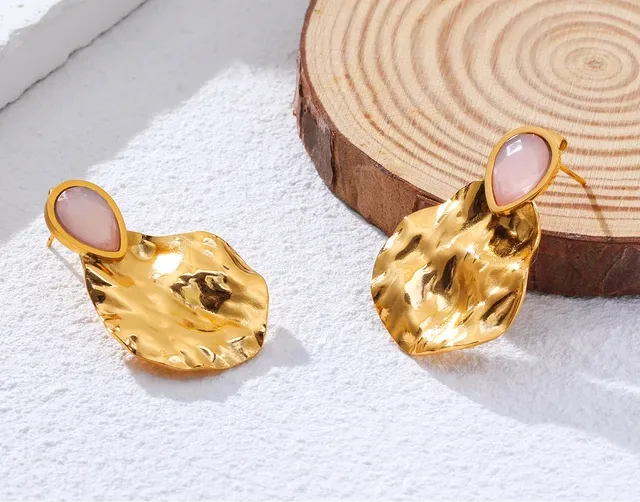 Vintage Gold Plated Exquisite Pink Natural Stone Drop Earrings