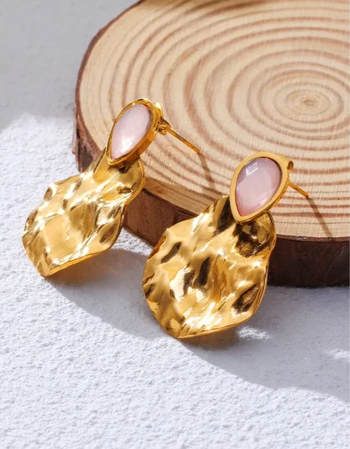 Vintage Gold Plated Exquisite Pink Natural Stone Drop Earrings