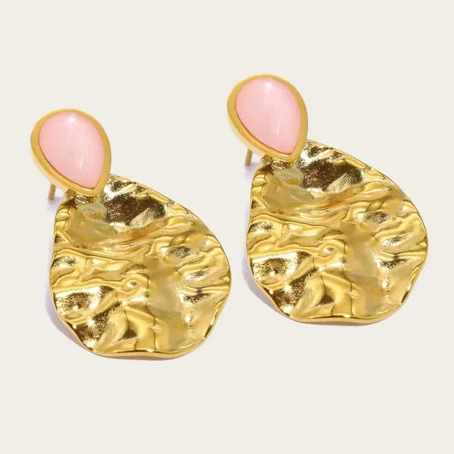 Vintage Gold Plated Exquisite Pink Natural Stone Drop Earrings